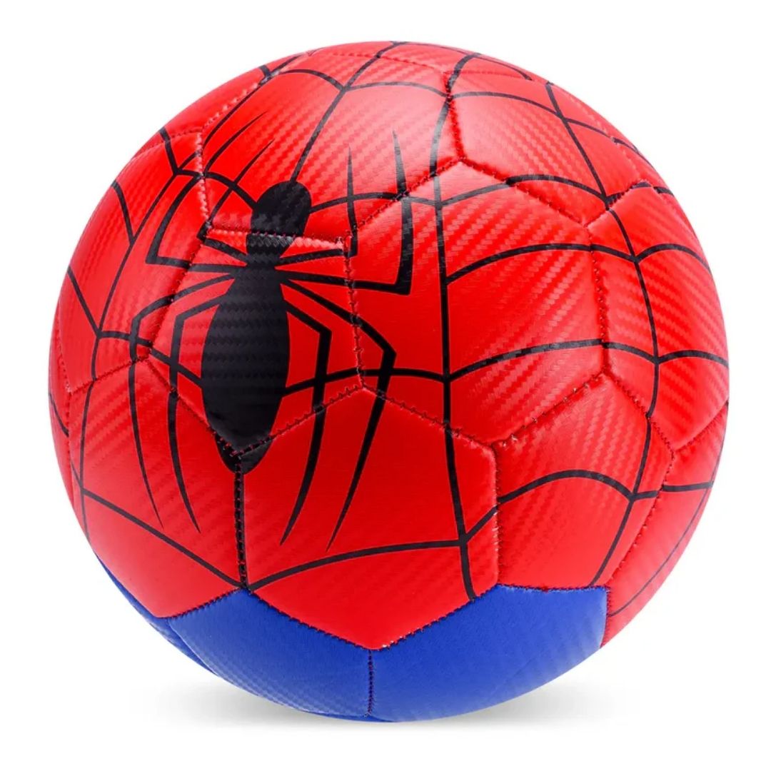 Marvel Spiderman junior football featuring a textured carbon fiber finish in red and black with an iconic Spiderman mask and web-patterned graphics.