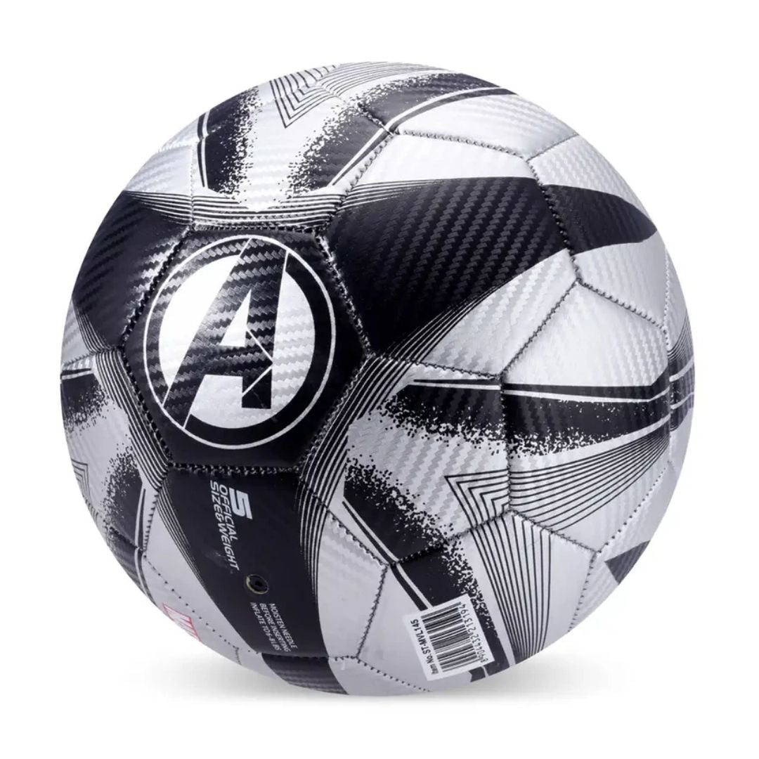 Marvel Avengers Black Panther action ball featuring a sleek black carbon fiber texture finish, silver Wakandan tribal detailing, and the iconic panther mask emblem.