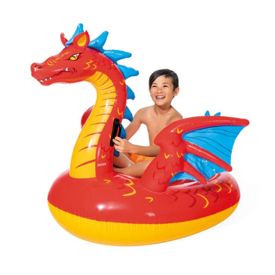 Intex Mystical Dragon inflatable pool ride-on float with heavy-duty handles for kids outdoor water play