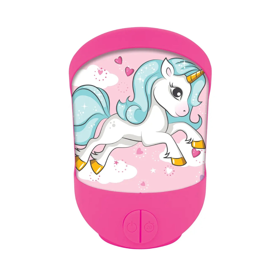 Lexibook unicorn 3D battery operated children's nightlight casting a comforting pink glow on a bedside table