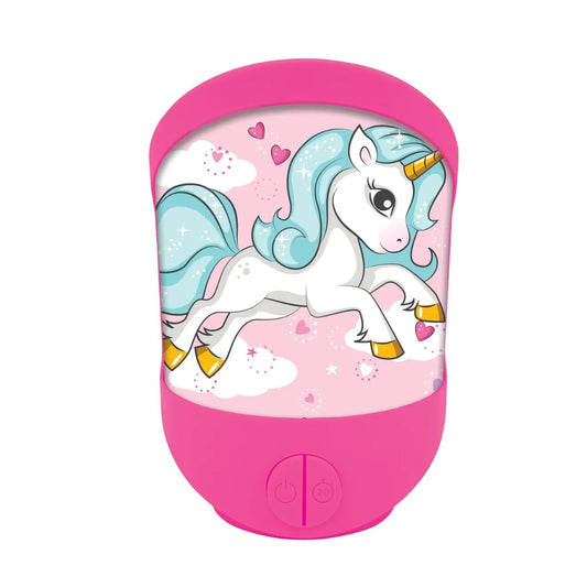 Lexibook unicorn 3D battery operated children's nightlight casting a comforting pink glow on a bedside table