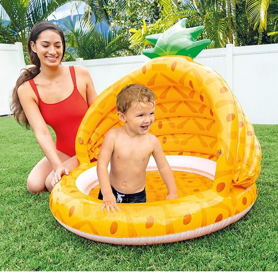 Intex Pineapple inflatable baby pool with built-in sunshade canopy and padded floor for toddler water play