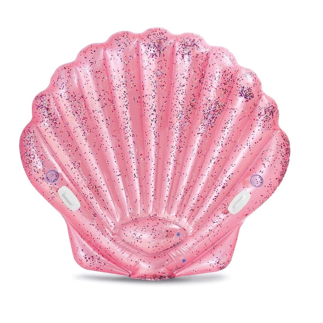 Intex Pink Seashell Island pearlescent pink inflatable pool float with glitter and cup holders for adults