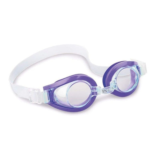 Intex Play Goggles for kids ages 8 plus with adjustable strap and hypoallergenic purple frame for pool swimming
