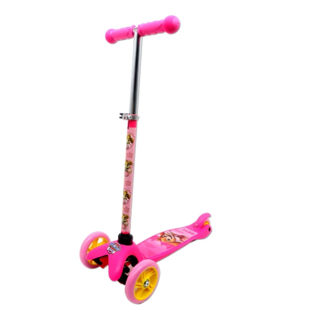 Official Paw Patrol Chase kick scooter in a vibrant multicolor blue and yellow design, featuring a wide non-slip deck with Chase graphics, stable 3-wheel configuration, and comfortable easy-grip handles.