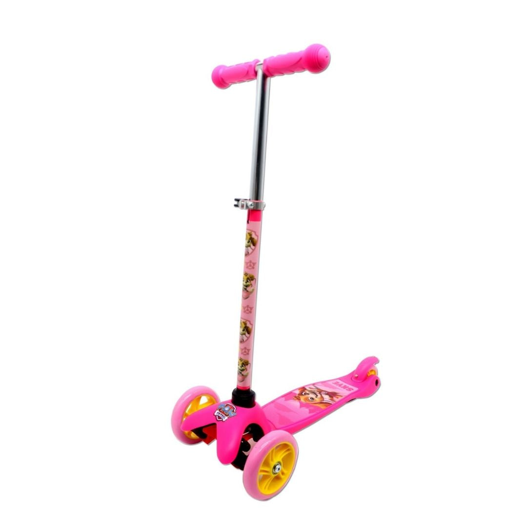 Official Paw Patrol Skye kick scooter in a vibrant multicolor pink and purple design, featuring a wide non-slip deck with Skye graphics, stable 3-wheel configuration, and soft-grip handlebars.