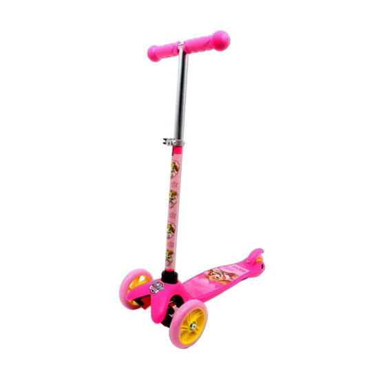 Official Paw Patrol Skye kick scooter in a vibrant multicolor pink and purple design, featuring a wide non-slip deck with Skye graphics, stable 3-wheel configuration, and soft-grip handlebars.