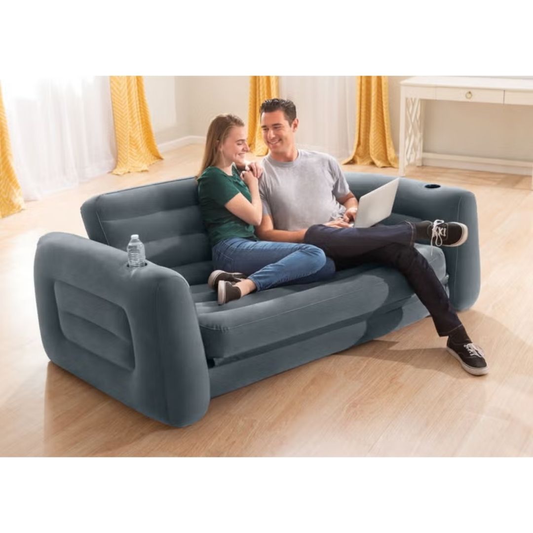 Intex pull-out inflatable sofa bed in charcoal grey for indoor living room or guest use