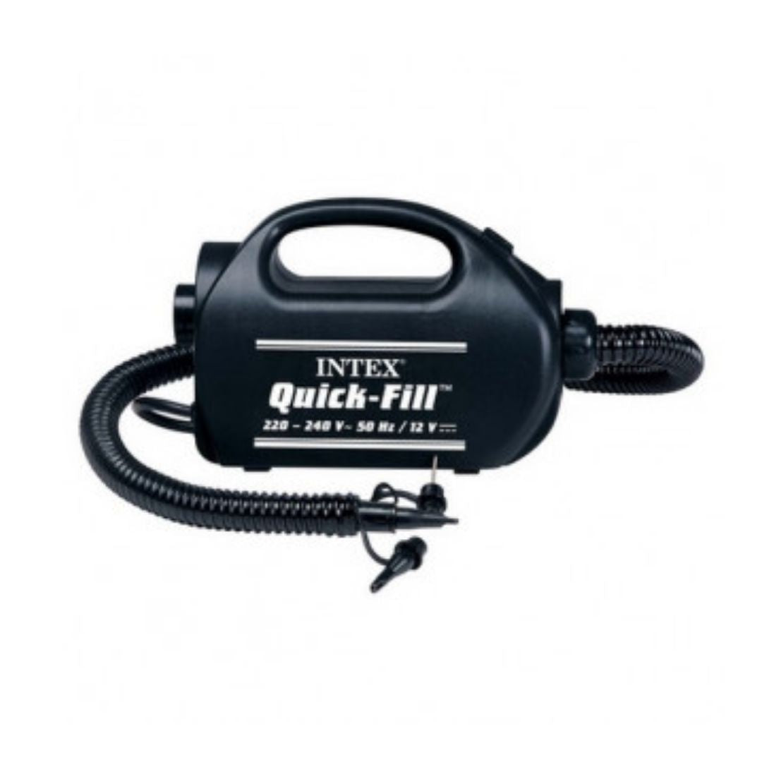 Intex Quick-Fill black electric air pump with multiple nozzles for indoor and outdoor inflatable use
