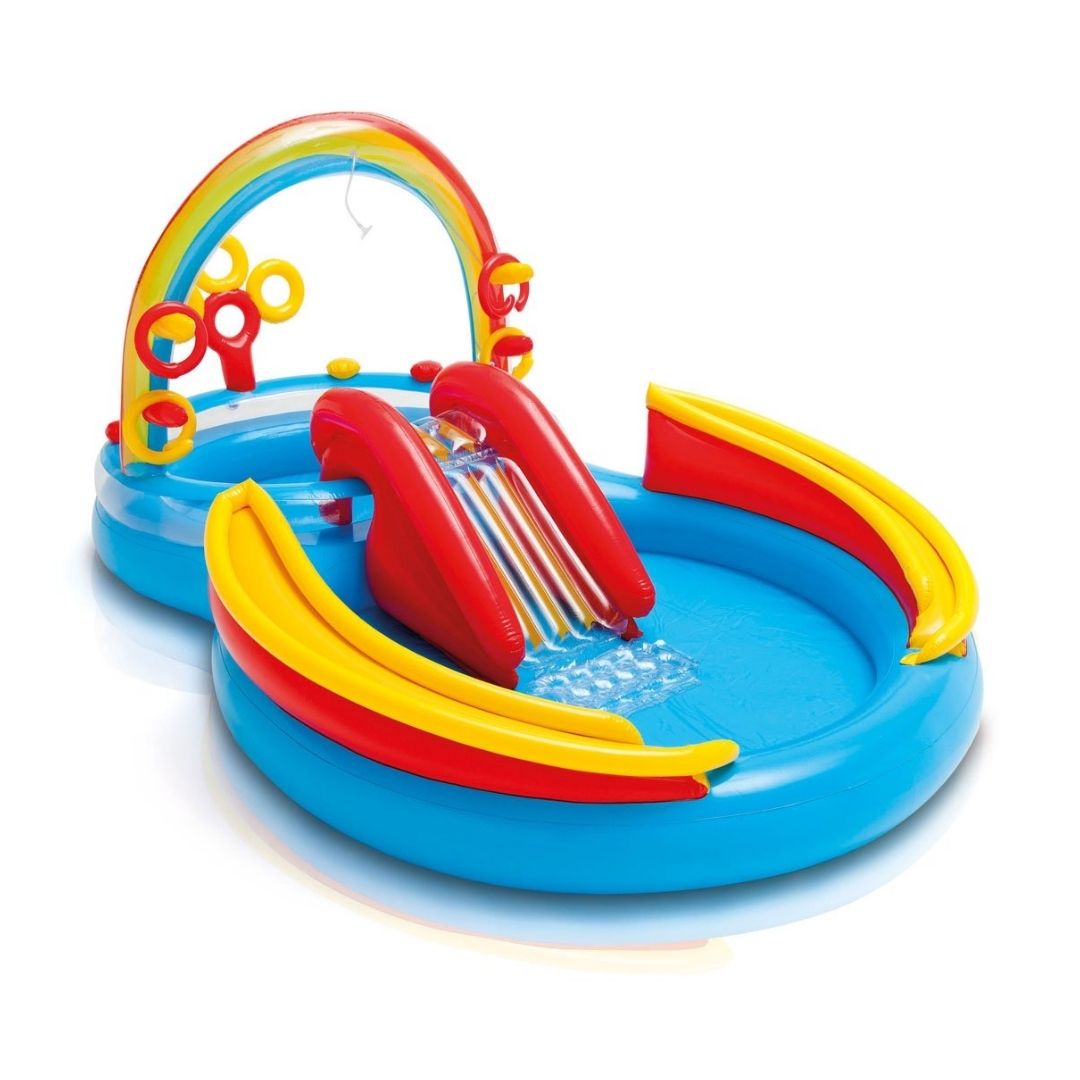 Intex Rainbow Ring inflatable play center with water slide, ring toss game, and sprayer for toddlers aged 2 and up