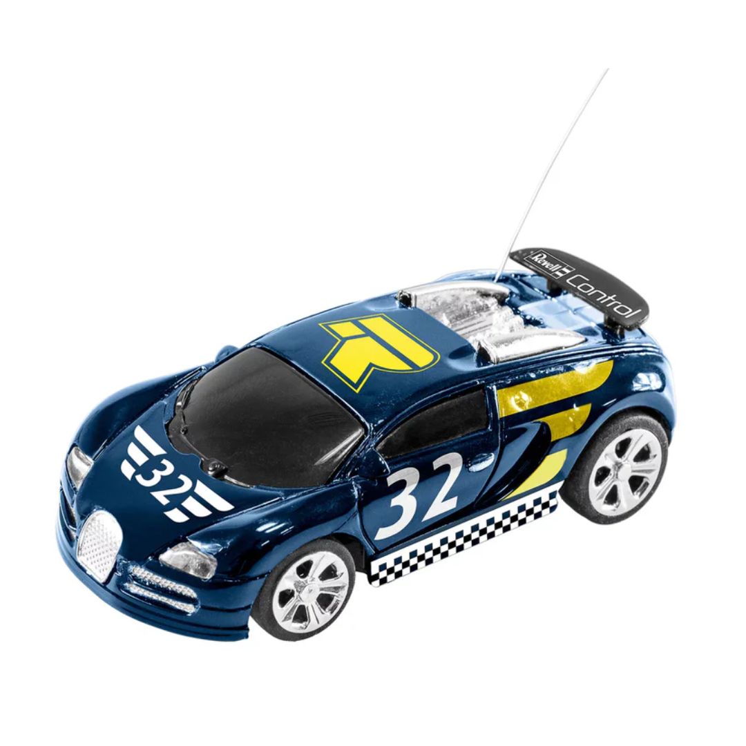 Revell Control blue mini RC racing car in soda can packaging with remote control and rechargeable battery