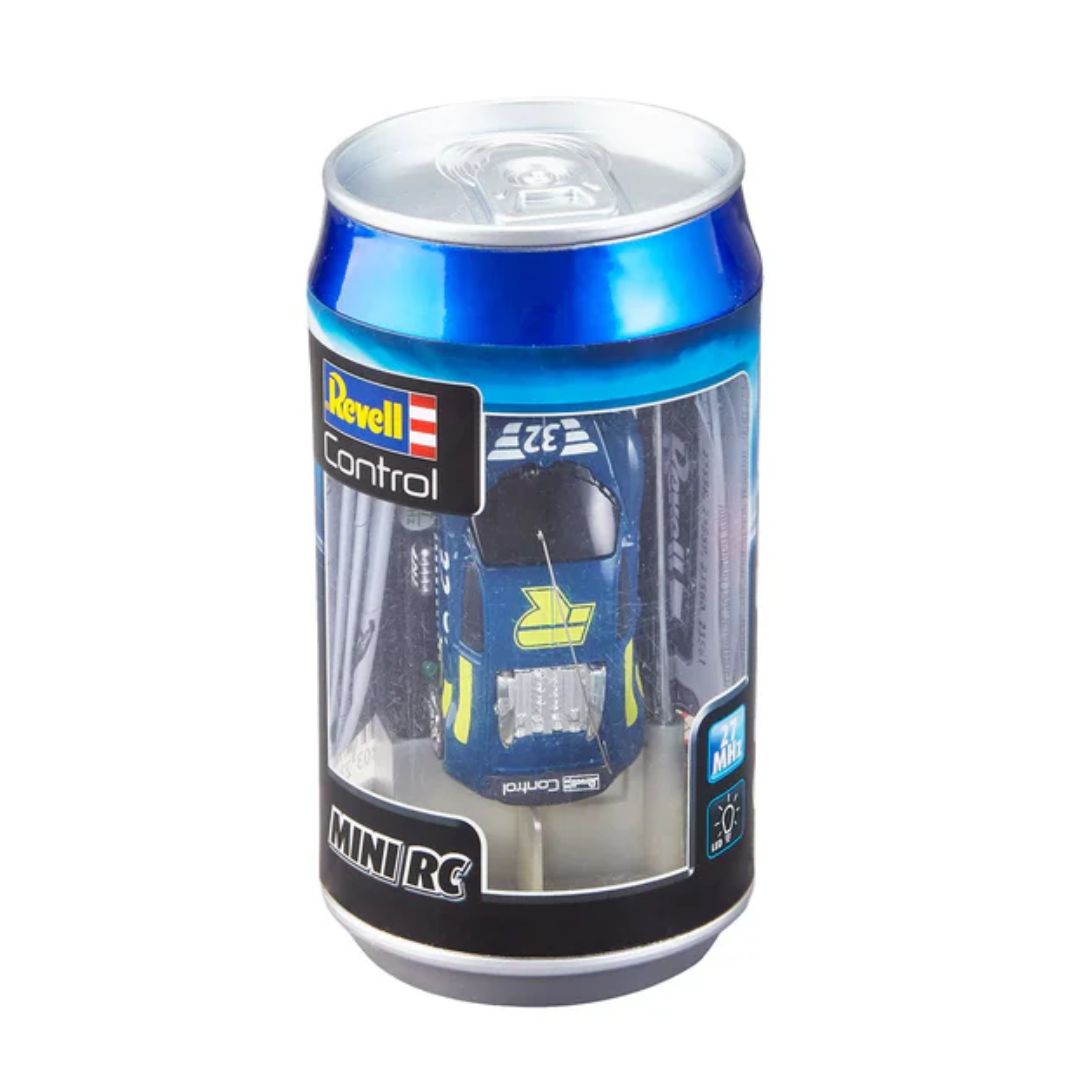 Revell Control blue mini RC racing car in soda can packaging with remote control and rechargeable battery