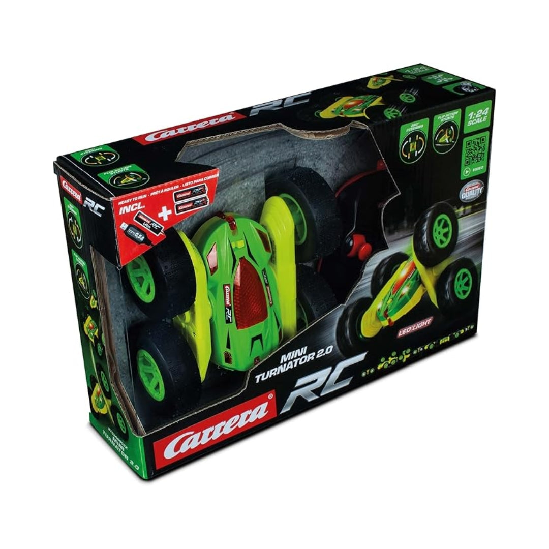 Carrera RC Mini Turnator 1:24 scale yellow and green remote control stunt car with LED lights performing a 360 degree flip