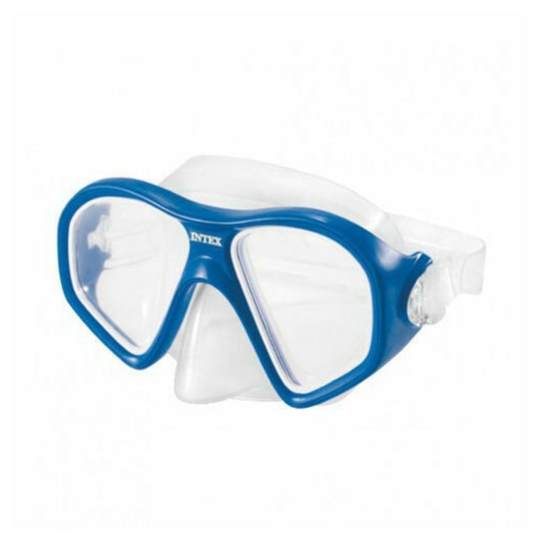 Intex Reef Rider snorkeling mask with blue frame and clear polycarbonate safety lenses for kids aged 8 and up