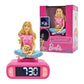 Lexibook Barbie 3D digital alarm clock featuring a built-in night light, LCD time display, and decorative Barbie figure in a signature pink multicolor design.