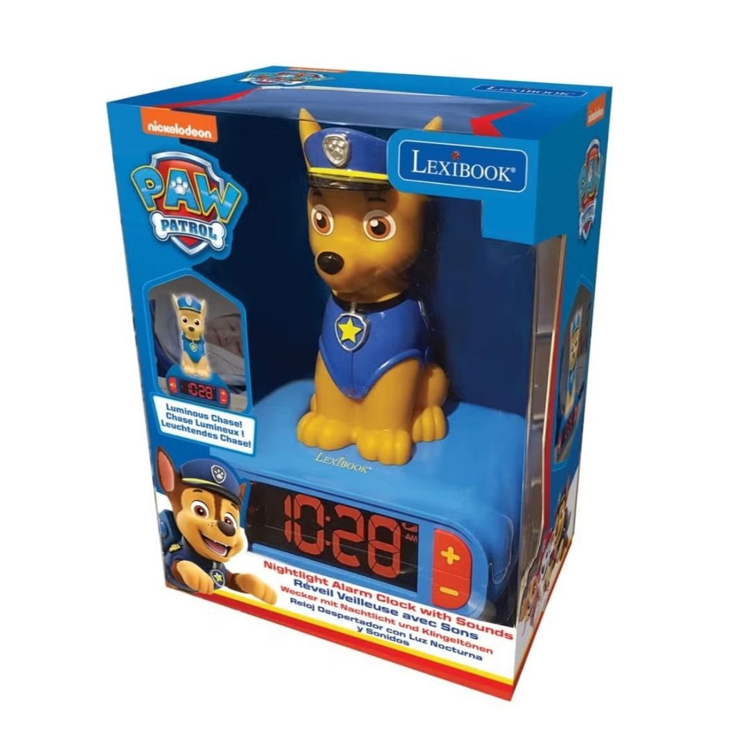 Lexibook PAW Patrol 3D digital alarm clock featuring a 3-dimensional Chase figure, glowing blue LED night light, and a digital LCD time display in a multicolor themed design.