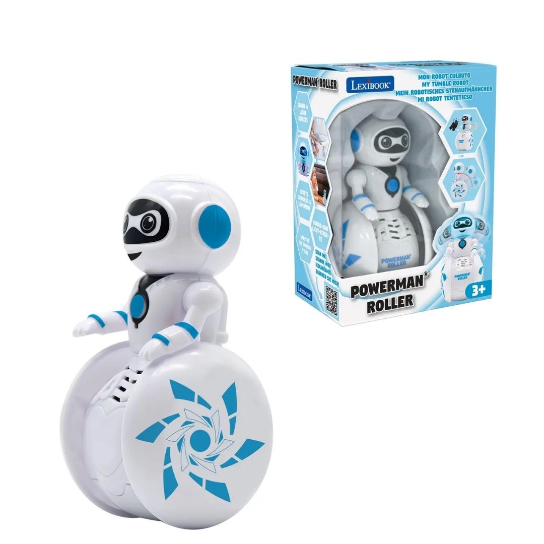 Lexibook Powerman Roller robot featuring a sleek white and blue aerodynamic design with internal rolling wheels and a friendly robot face in a multicolor display box.