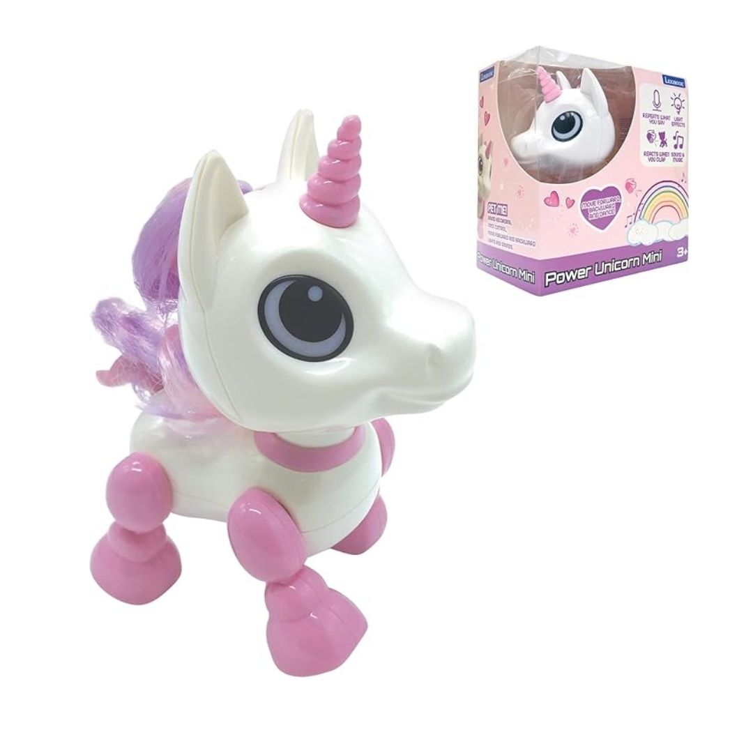 Lexibook Power Unicorn interactive robot featuring a sleek white and pink design, glowing LED eyes, a light-up horn, and articulating legs for movement and stunts.
