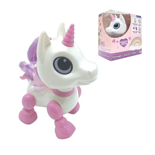 Lexibook Power Unicorn interactive robot featuring a sleek white and pink design, glowing LED eyes, a light-up horn, and articulating legs for movement and stunts.