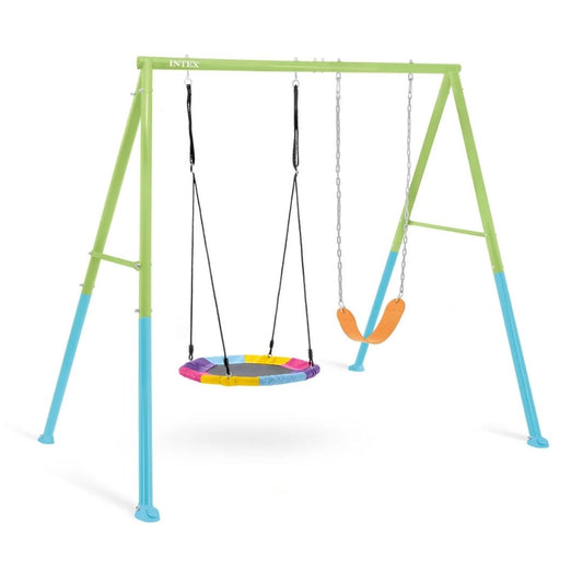 Intex outdoor play set featuring a green saucer nest swing and traditional belt swing with orange steel frame