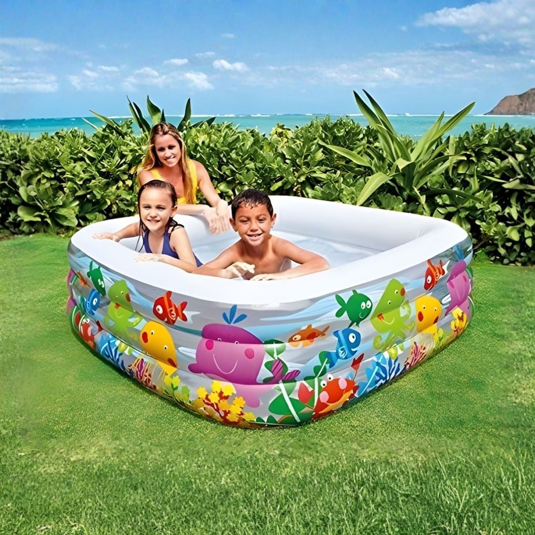 Intex Sea Aquarium inflatable swimming pool with colorful ocean animal print for kids outdoor backyard play