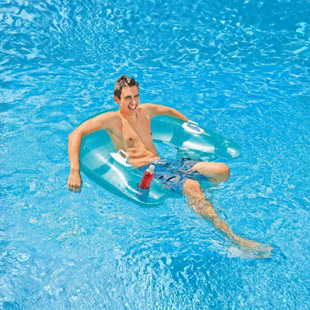 Intex Sit n Float blue and yellow inflatable pool lounger chair for adults with two cup holders