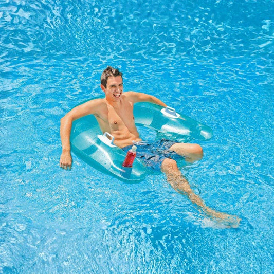 Intex Sit n Float blue and yellow inflatable pool lounger chair for adults with two cup holders