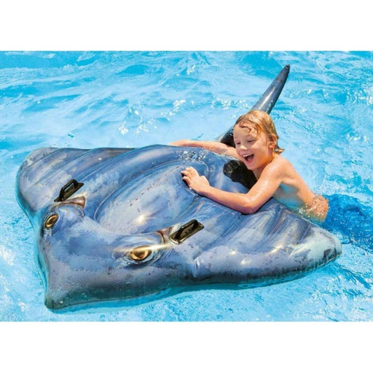 Intex Stingray blue inflatable pool ride-on float with heavy duty handles for kids swimming pool play