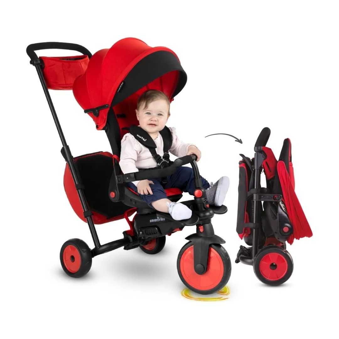 smarTrike STR7 Urban Black folding 7-in-1 toddler stroller trike with safety harness and sun canopy