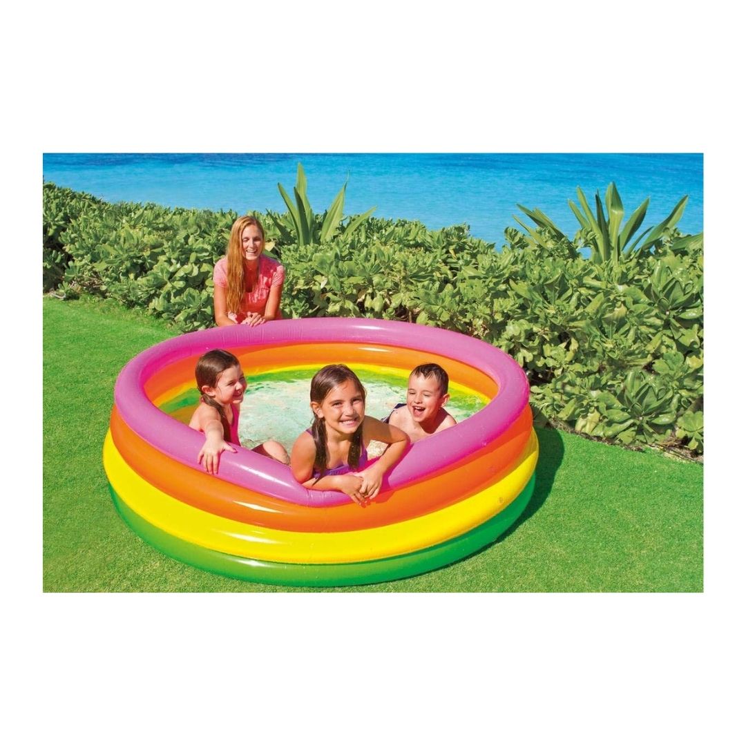 Intex Sunset Glow inflatable three ring paddling pool with colorful rings for toddlers backyard water play