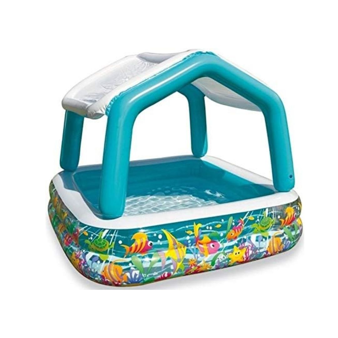 Intex Sun Shade inflatable kids paddling pool with removable yellow sun canopy for outdoor backyard play