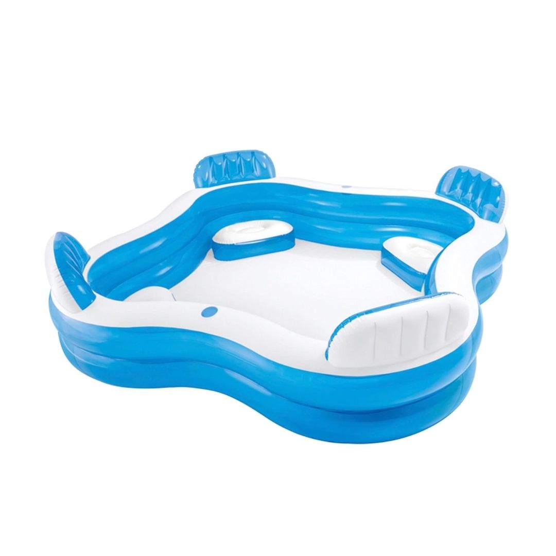 Intex Swim Center inflatable family lounge pool with blue seats and backrest for backyard summer fun