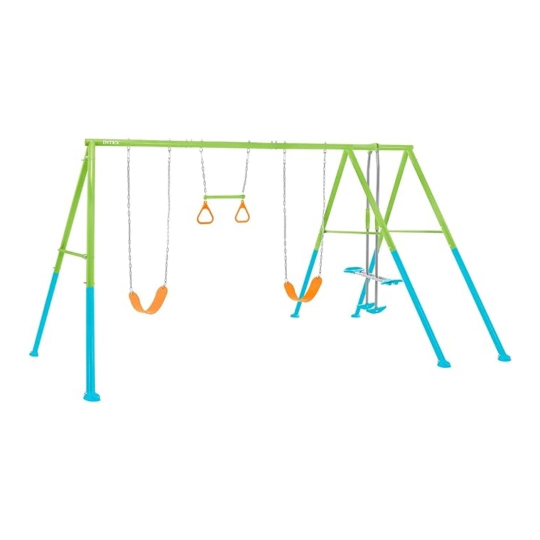 Intex outdoor backyard swing set with two swings and a two-person glider for children ages 3 to 10