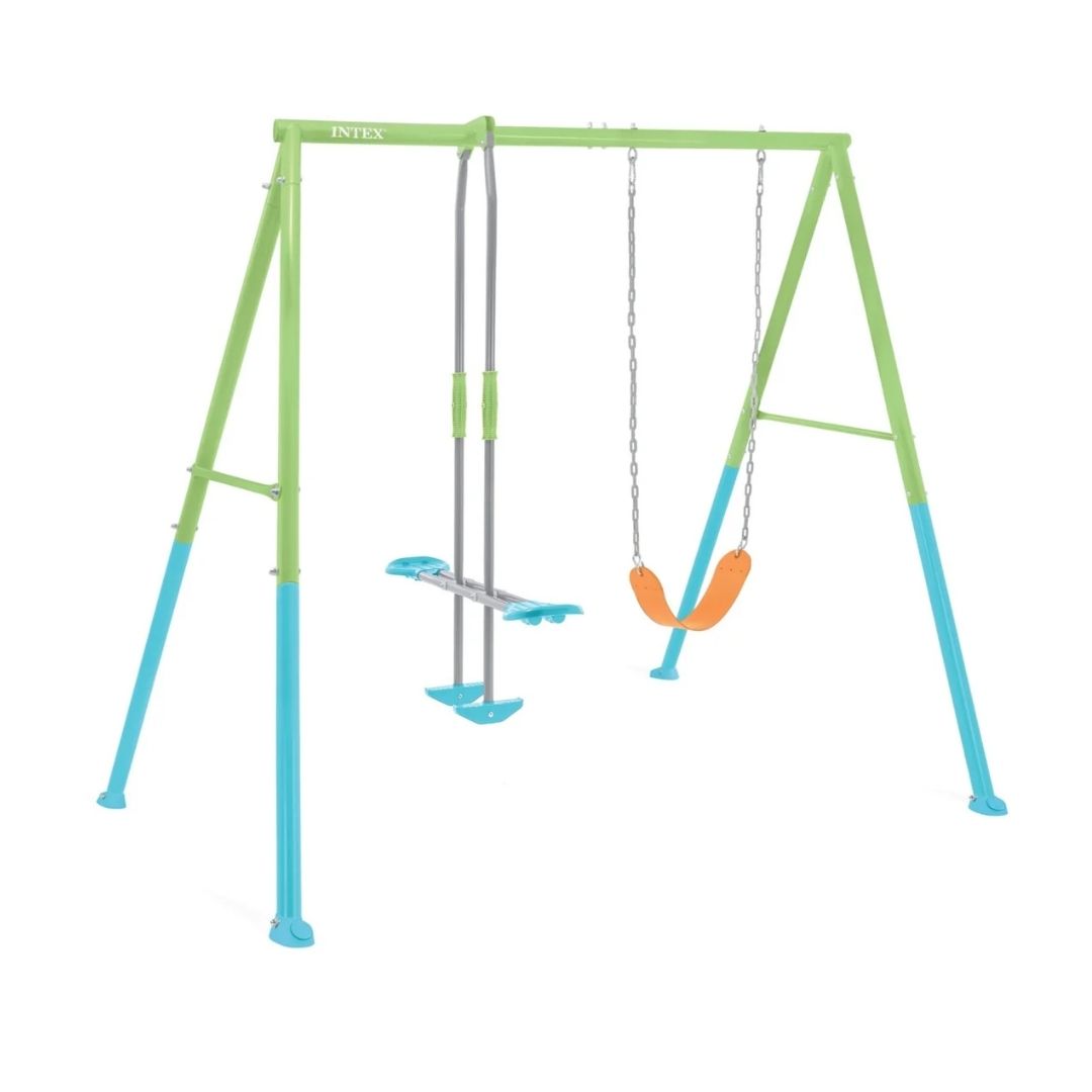 Intex Swing and Glide two feature outdoor garden play set with orange swing and blue glider for kids