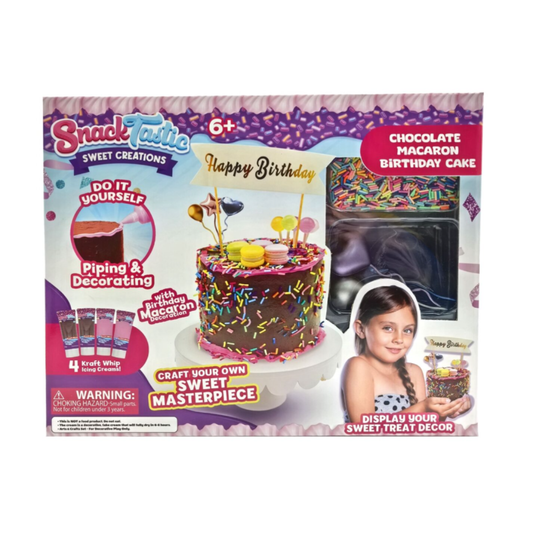 Snack Tastic Chocolate Macaron Birthday Cake decorating kit with toppers, sprinkles and icing for kids aged 6+