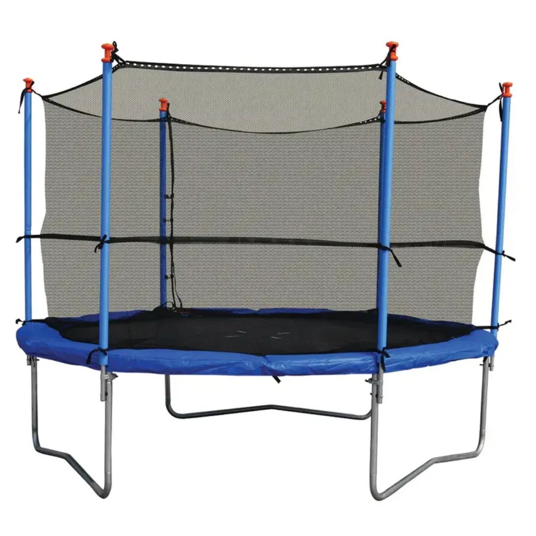TNC 10 foot outdoor trampoline with safety enclosure and metal ladder for kids backyard play
