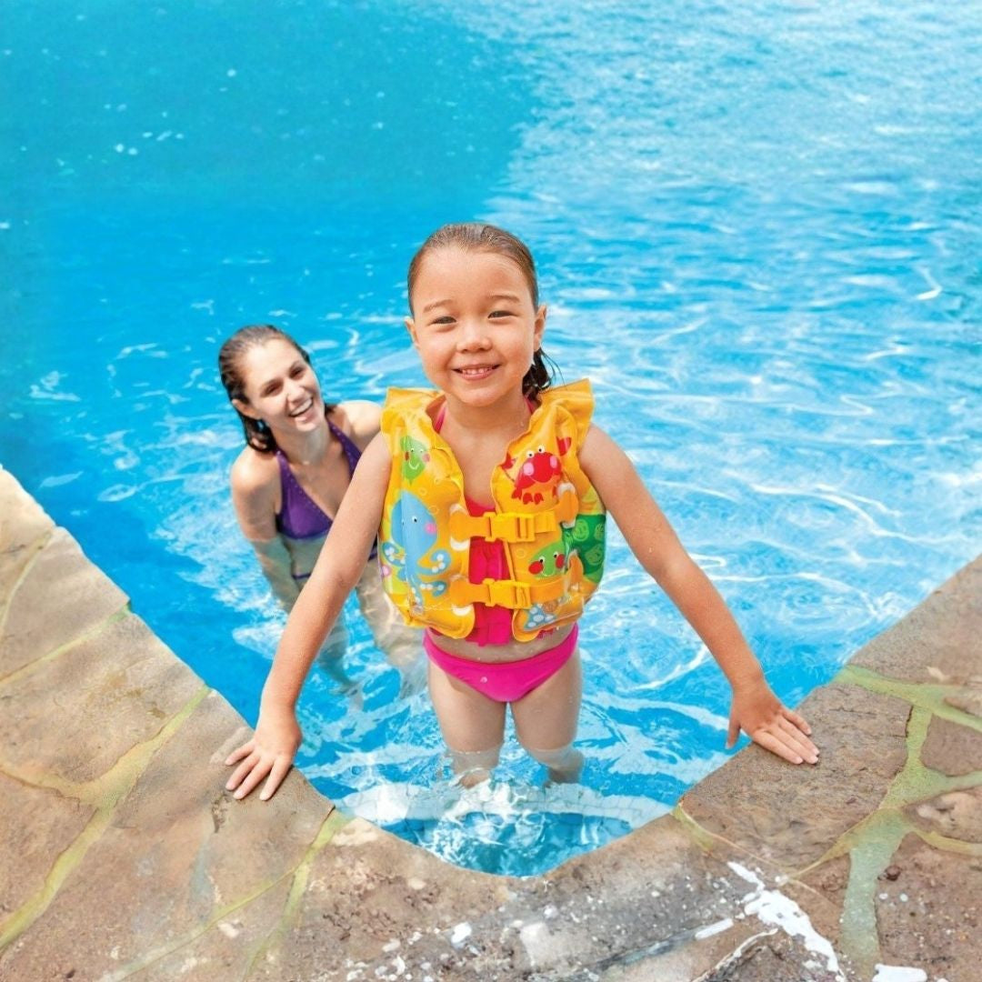 Intex Tropical Buddies yellow inflatable swim vest with tropical fish design for kids ages 3 to 5