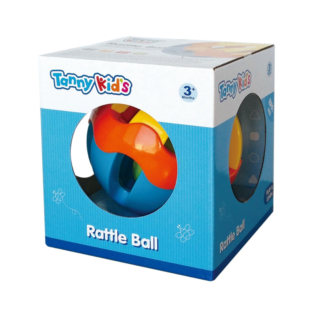 Tanny Toys Rattle Ball for infants featuring a colorful, open-structured outer shell and an internal jingle bell for auditory and tactile stimulation.