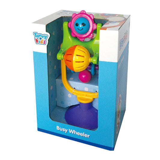 Tanny Toys Busy Wheeler activity toy featuring a spinning steering wheel, rattle beads, a safety mirror, and a suction base for high chair play.