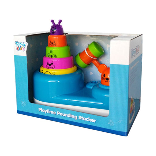 Tanny Toys Playtime Pounding Stacker featuring a colorful tower of discs, a friendly mouse target, and a toddler-sized safety hammer for interactive motor skill play.