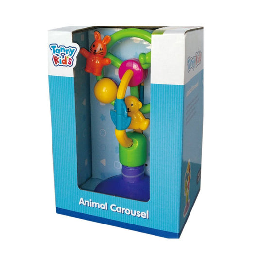 Tanny Toys Animal Carousel featuring a variety of colorful animal characters and geometric shapes that spin and rotate on a central carousel base.