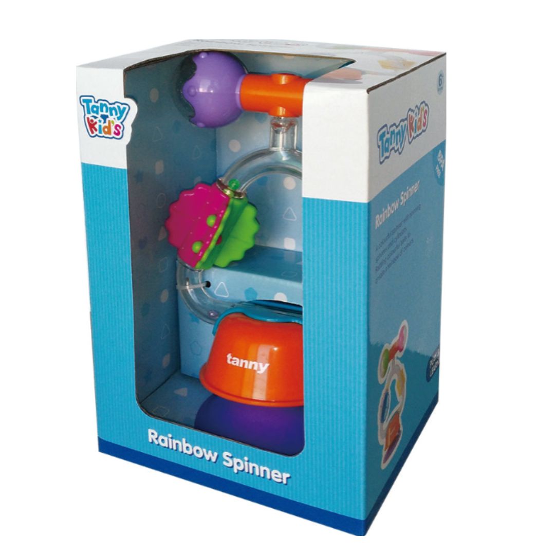 Tanny Toys Rainbow Spinner featuring a large suction cup base and colorful, multi-textured spinning blades for infant visual and tactile stimulation.