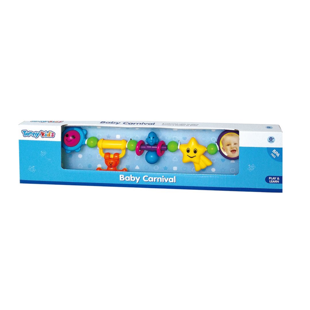 Tanny Toys Baby Carnival stroller rattle bar featuring a chain of colorful, multi-textured spinning characters and shapes for infant sensory development.