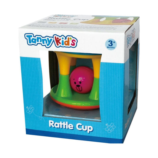 Tanny Toys Rattle Cup featuring a clear container with a cheerful bear-faced ball inside that rattles and rolls when shaken or tapped by an infant.