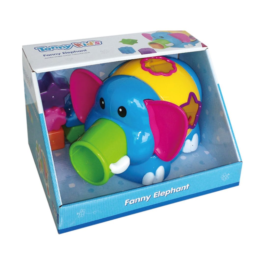 Tanny Kids Funny Elephant blue and yellow shape sorter toy for toddlers with interactive spinning tail and colorful blocks