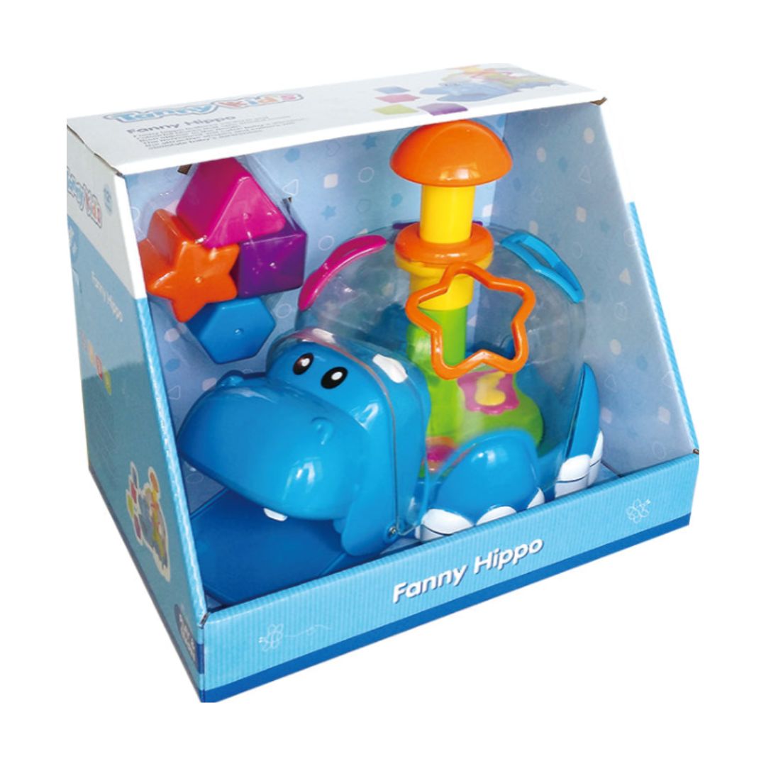 A colorful Tanny Toys Funny Hippo toy featuring a transparent belly with spinning blocks and a wide mouth that reveals sorted shapes for toddler play.