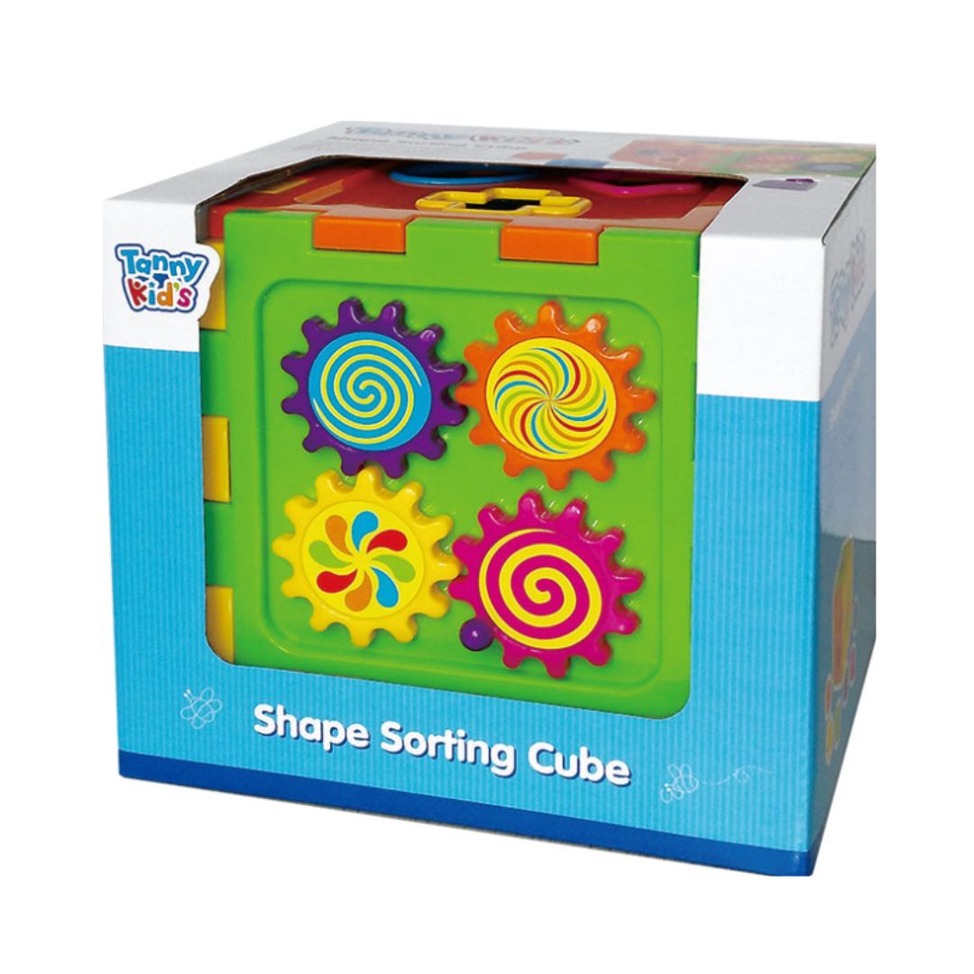 Tanny Toys Shape Sorting Cube featuring 6 interactive faces with a clock, cog wheels, spinner, and shape sorter in vibrant multicolor plastic for toddlers.