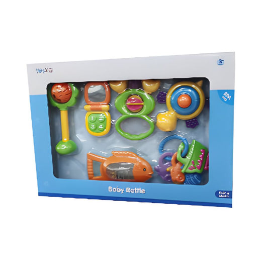 Tanny Toys 6-in-1 Baby Rattle Set featuring six different multicolor rattles and teething toys in a large display box for infants 3 months and up.