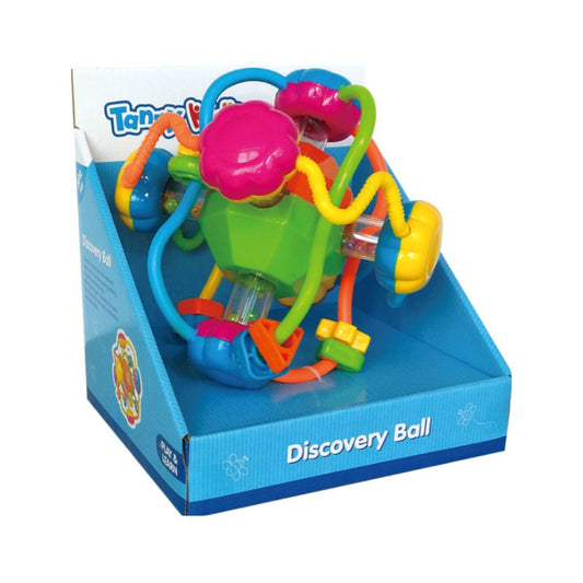 Brightly colored Tanny Toys Discovery Ball rattle featuring an easy-to-grasp geometric design and internal sound elements for infant sensory play.