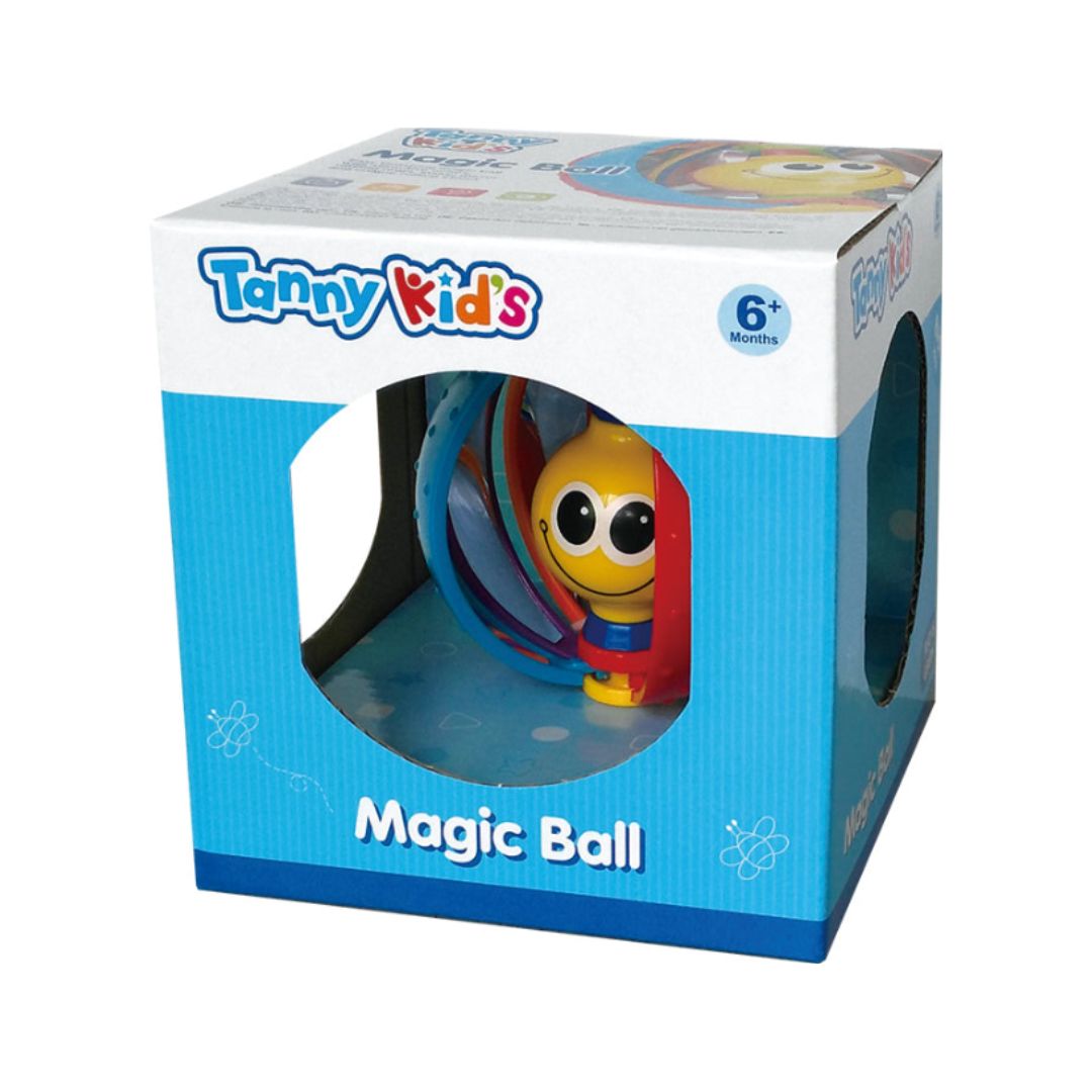Multicolor Tanny Toys Magic Ball featuring textured outer slices and a mirrored interior with a central rotating smiling worm toy for infant sensory development.